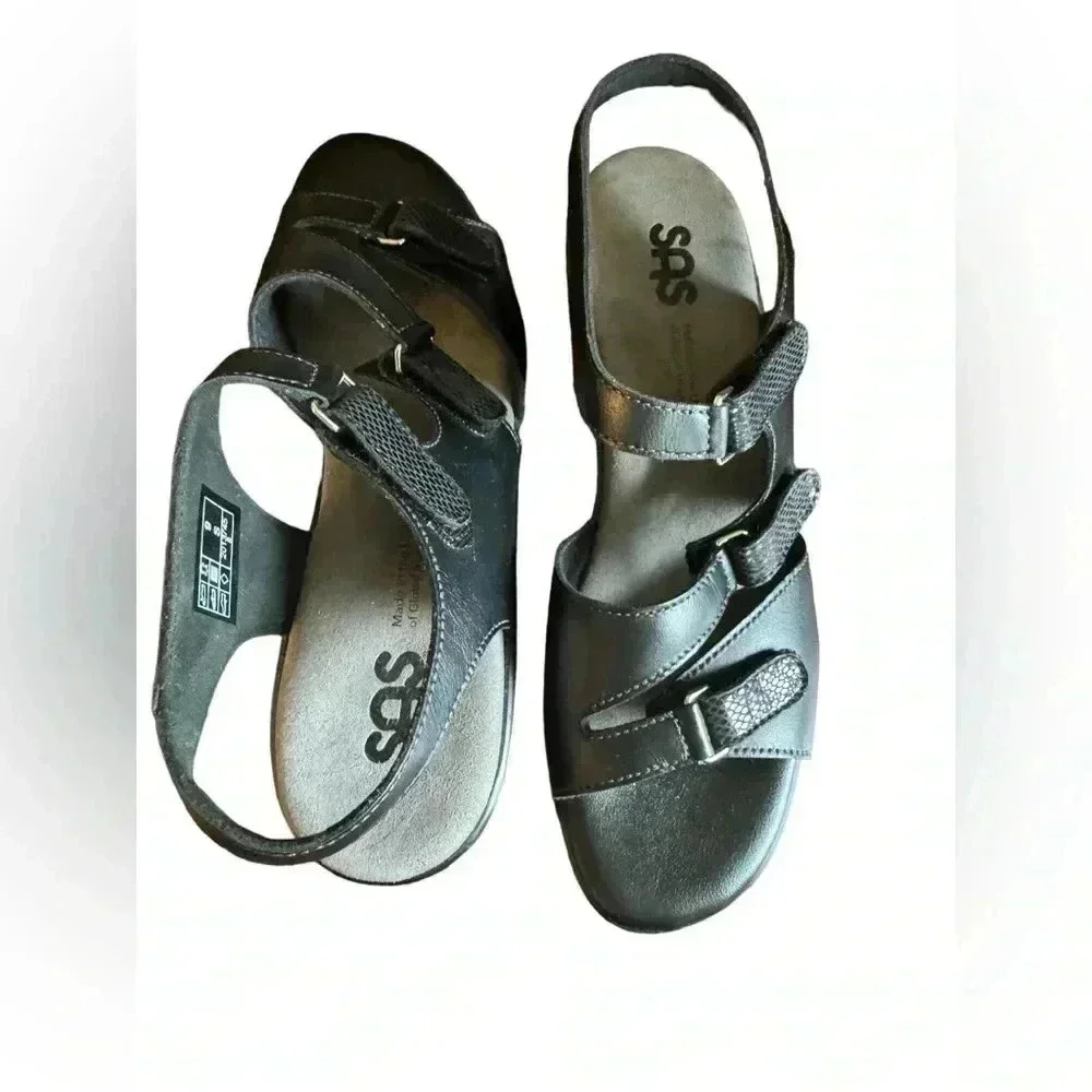 SAS Black Sandals Work Shoes Comfort Adjustable Leather Heels Extra Toe Room